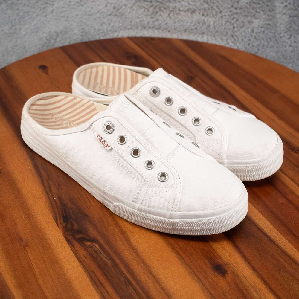 Taos EZ-Soul Shoes Womens Size 9.5 White Canvas Slip On Mules Casual Comfort